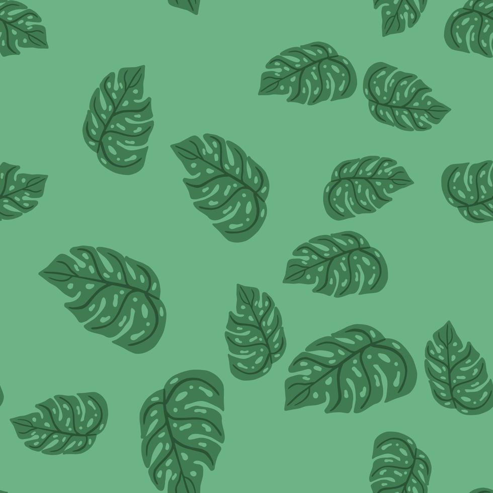 Minimalistic style seamless exotic foliage seamless pattern with random monstera shapes. Green palette artwork. vector