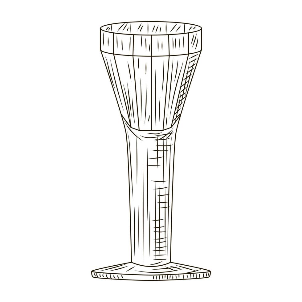 Empty glass becherovka engraved style isolated on white background. Vintage sketch black outline close up. vector