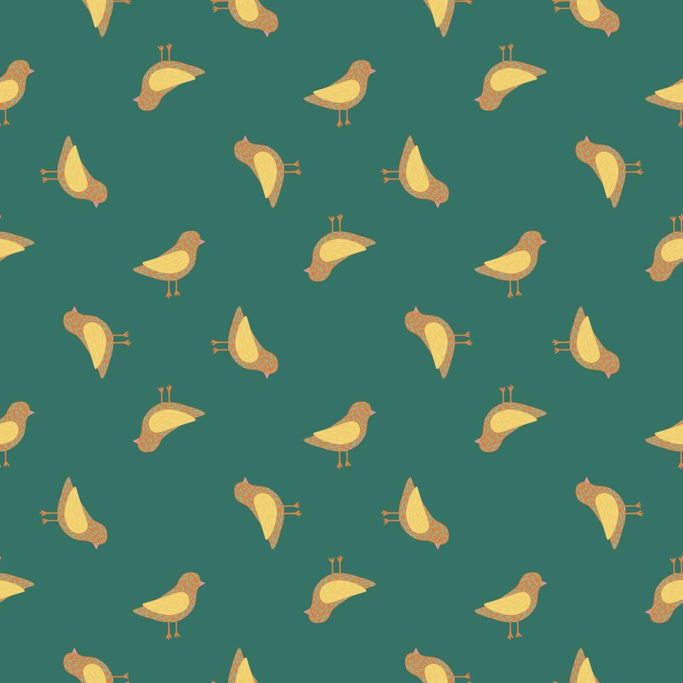 Abstract animal seamless pattern with yellow birds ornament. Turquoise background. vector