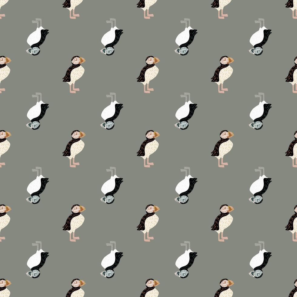 Icelandic zoo nature seamless pattern with hand drawn black and white colored puffin print. Grey background. vector