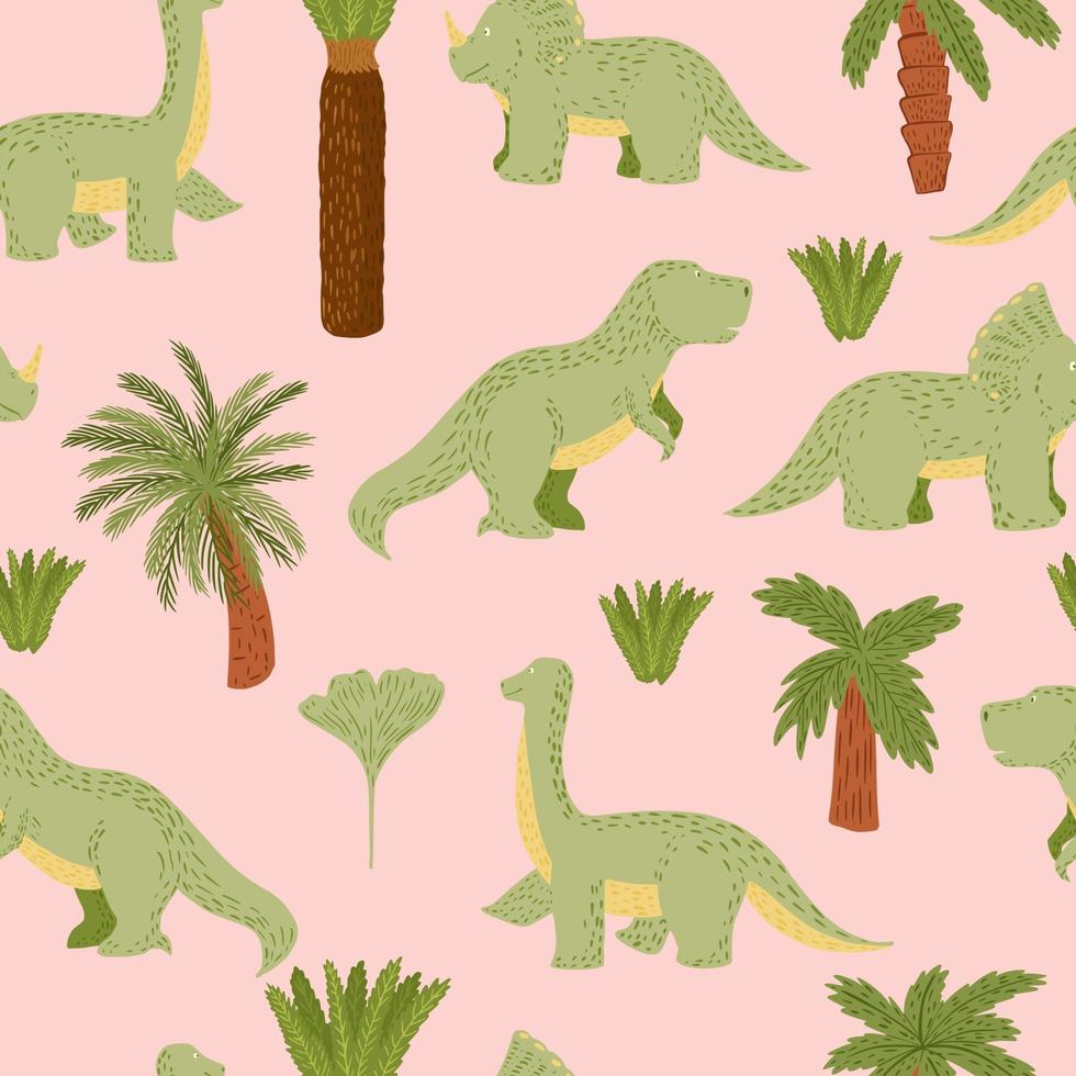 Dinosaur seamless pattern on pink background. Cute texture characters dino for fabric. vector