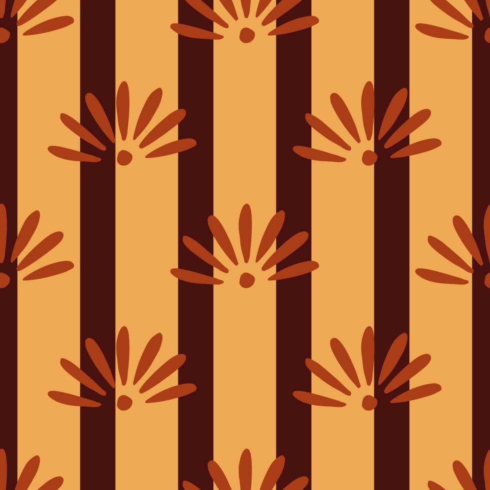 Autumn tones seamless pattern with chamomile flower elements print. Striped beige and maroon background. vector