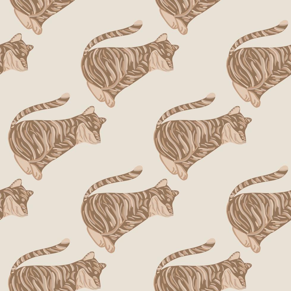 Beige predator cat seamless pattern with simple tiger elements. Light grey background. Doodle print. vector