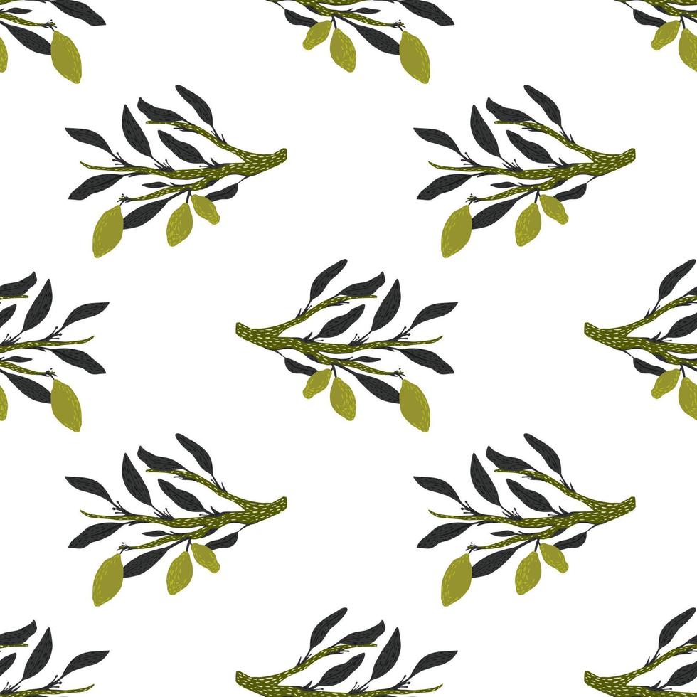 patrón inconsútil aislado con ramas exóticas de hojas moradas e impresión de limón verde sobre fondo blanco. vector