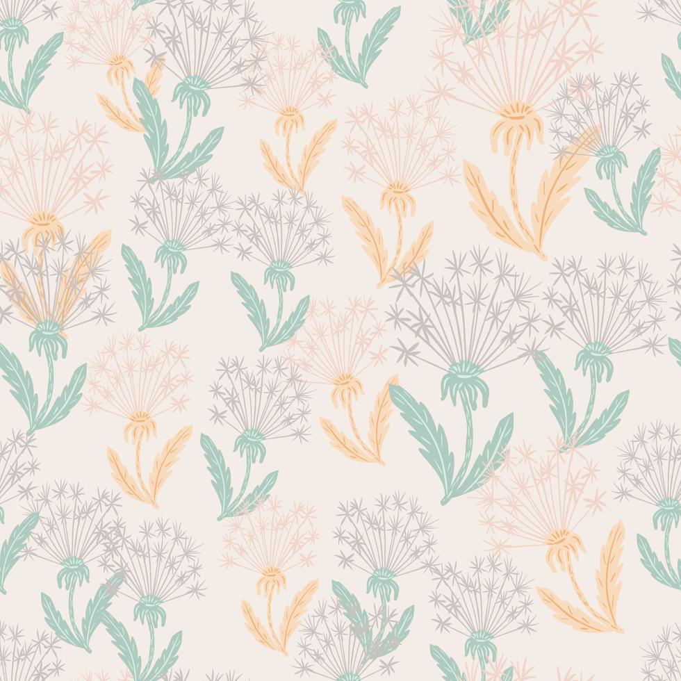 Pastel tones meadow style seamless pattern with dandelion hand drawn ornament. Herbal blue and orange print. vector