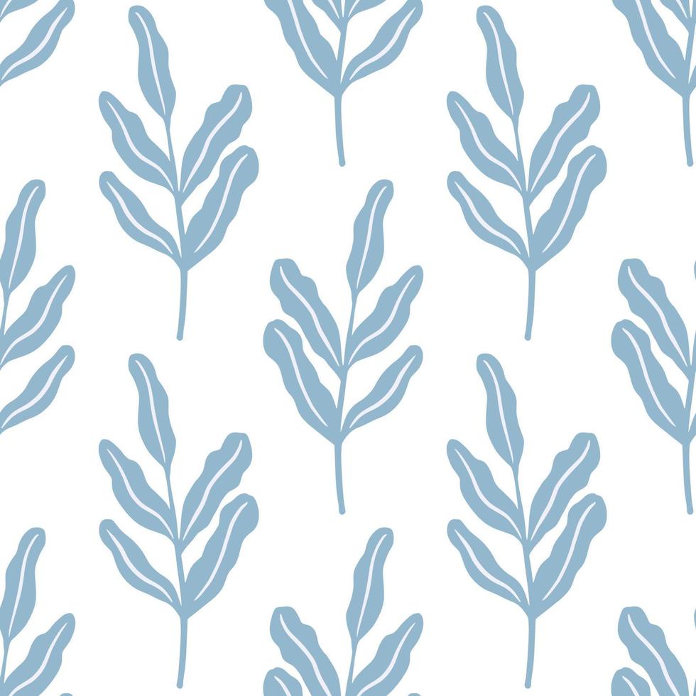 Isolated seamless pattern with blue foliage leaves ornament. White background. Scrapbook style. vector