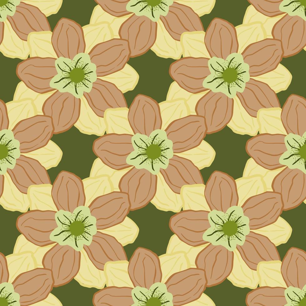 Spring style seamless pattern with light orange anemone buds print. Green background. Floral backdrop. vector