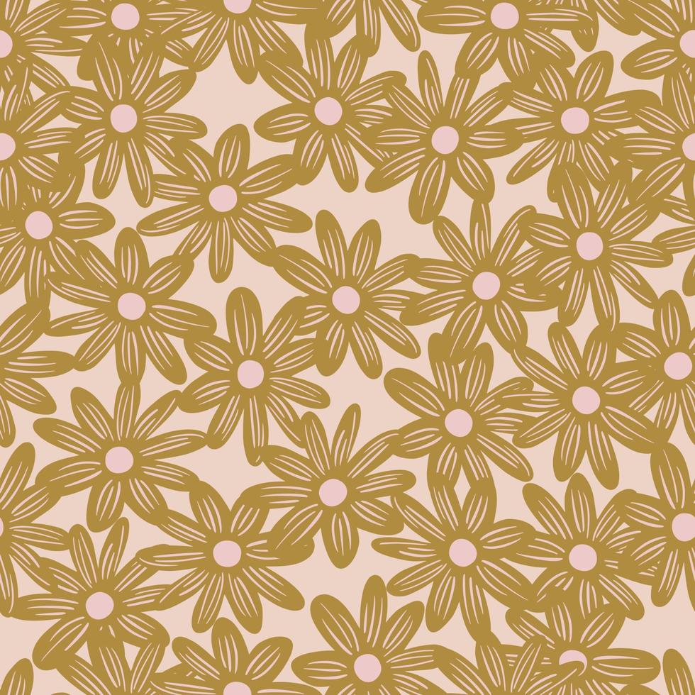 Bloom seamless pattern with little random beige daisy flowers ornament. Pink light background. vector