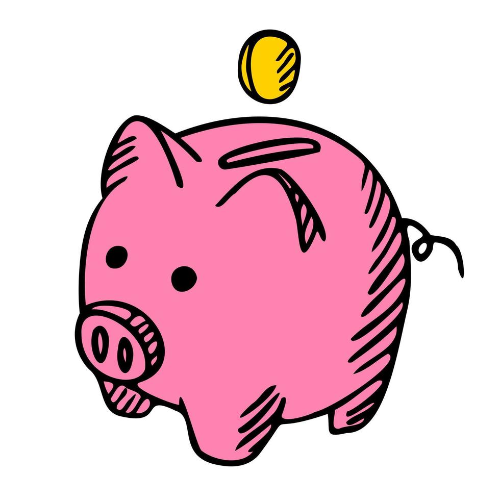 Pink piggy bank isolated on white background. Box for safe savings, coins, cash, gold. Money pig in doodle style. vector