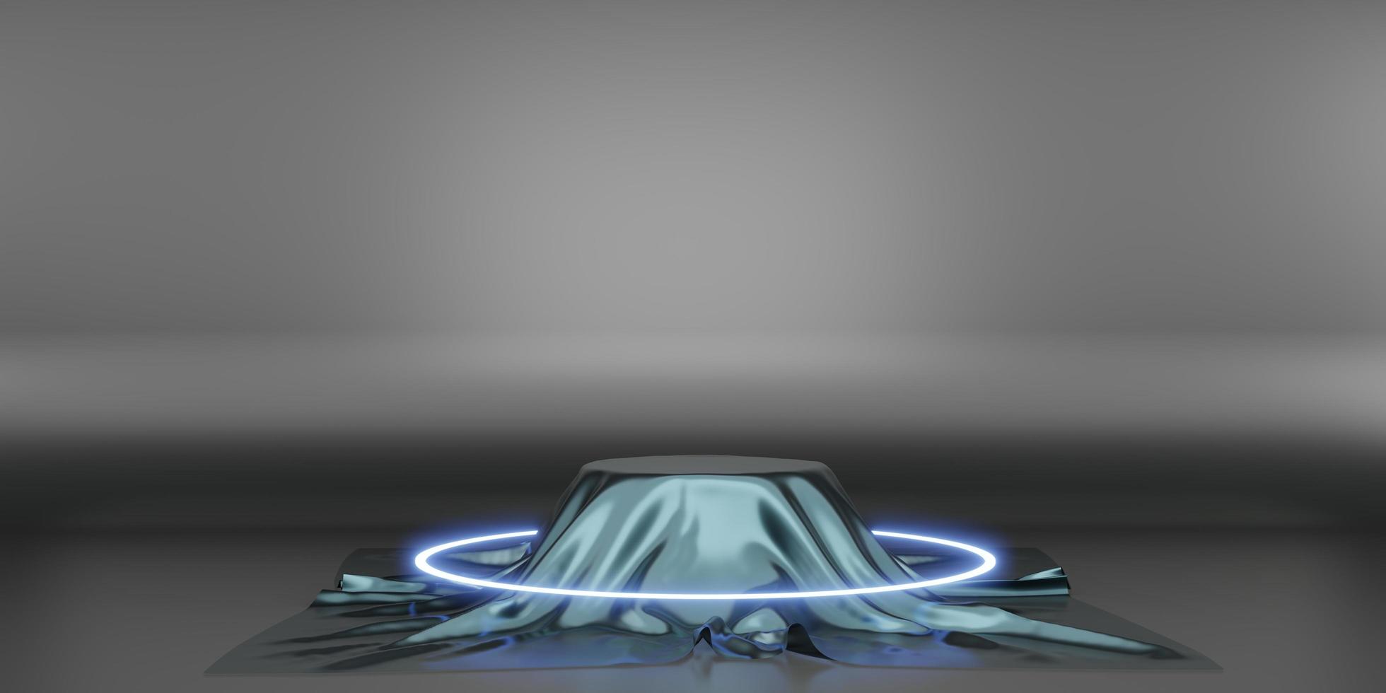 backlit display with curved frame display stand neon light black background 3D rendering photo