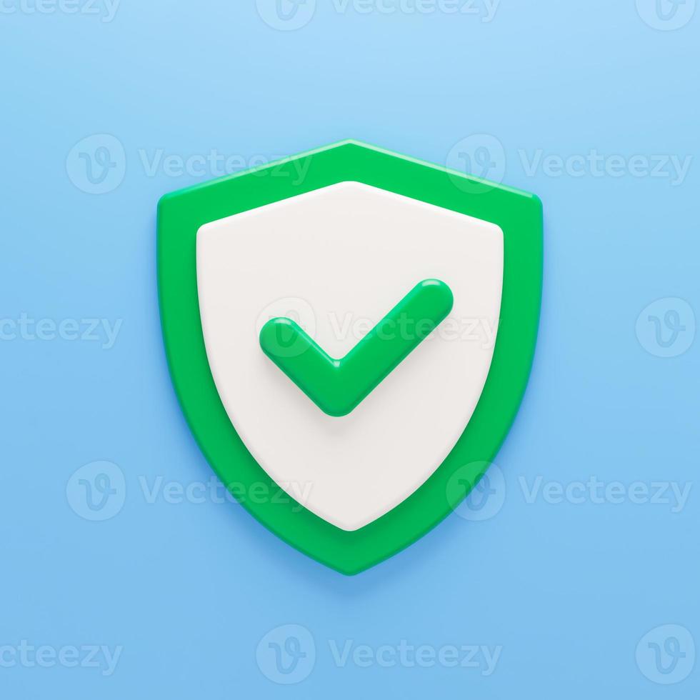 3d protection shield icon. Green shield with correct sign. Web Secure and guarding system concept. 3d rendering photo