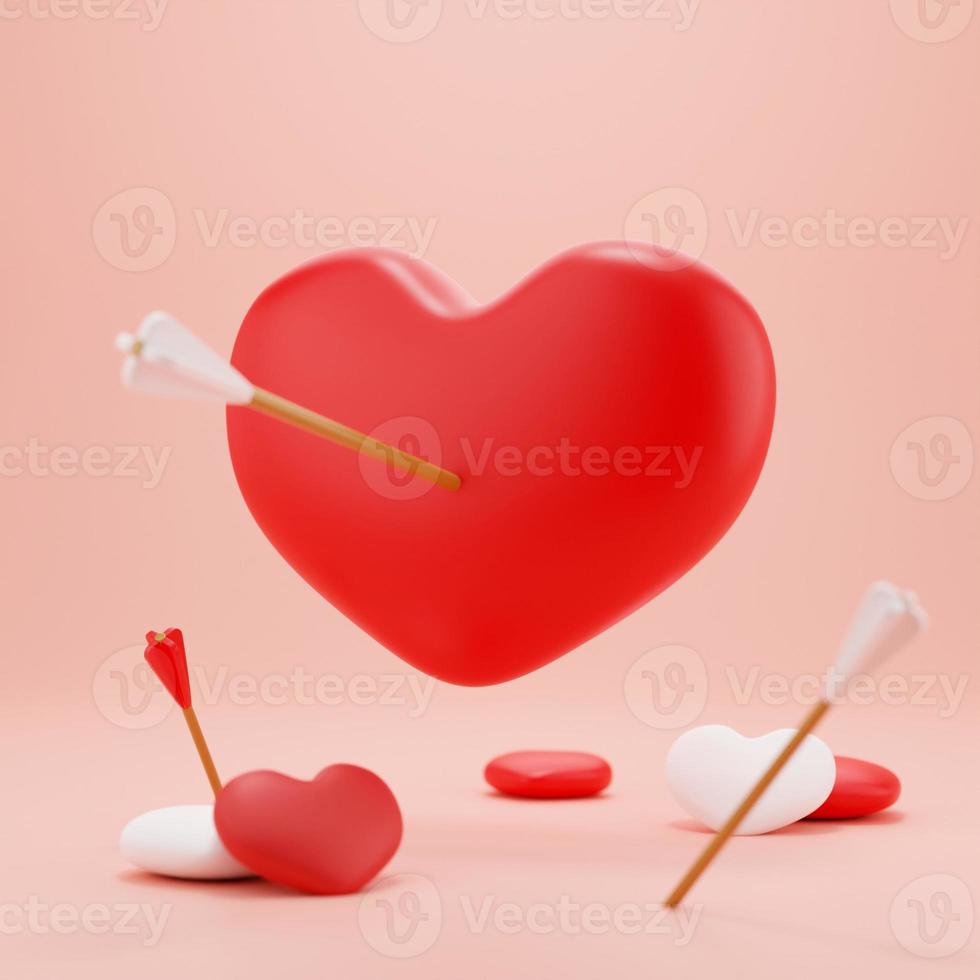 3d rendering heart shape pink background. 3D icon a red heart pierced through with arrow on pink background Cartoon minimal cute smooth. Valentine's Day concept. photo