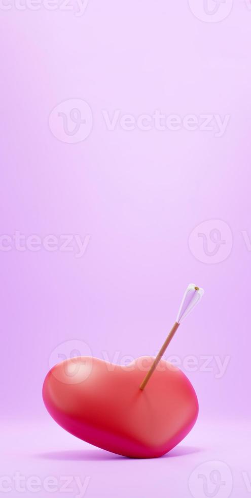 3d rendering heart shape pink background. 3D icon a red heart pierced through with arrow on pink background Cartoon minimal cute smooth. Valentine's Day concept. photo