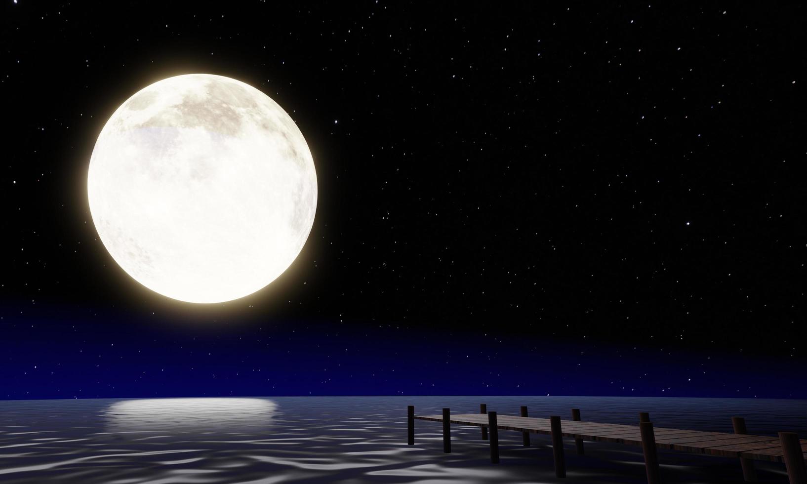 The golden yellow full moon reflected sea. The sky has many stars. Ripples on the sea at night.3D Rendering The night of the 15th lunar day or the Mid-Autumn Festival super moon photo