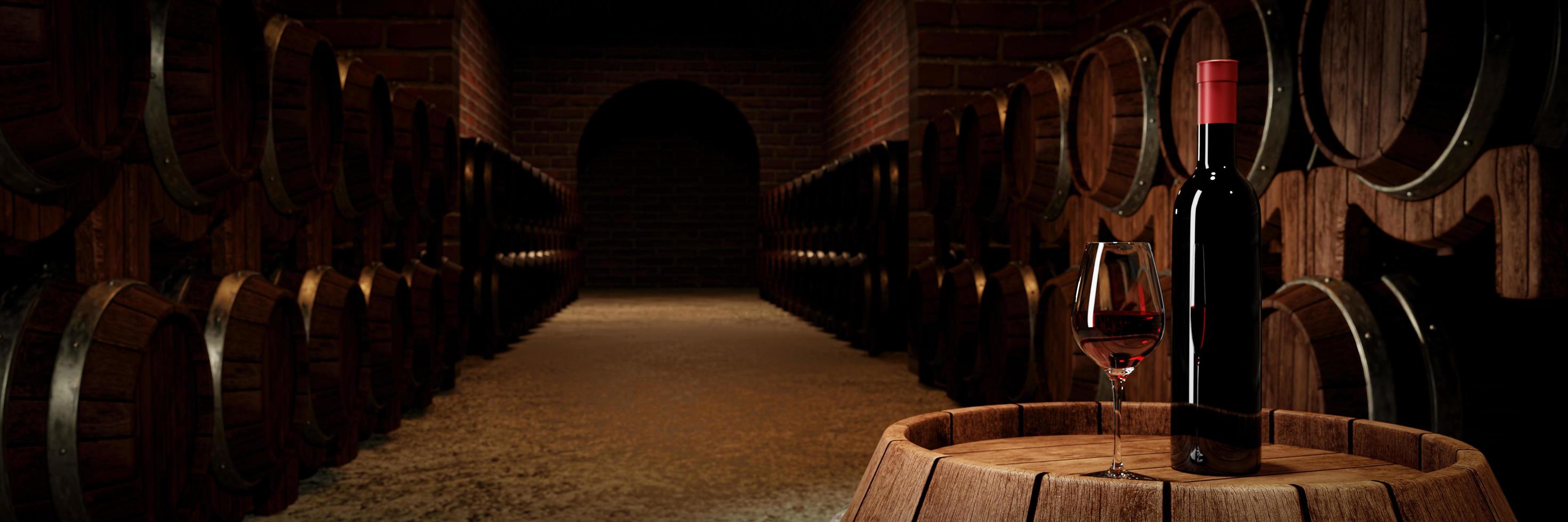 botella de vino tinto y vidrio transparente con vino tinto colocado en un tanque de fermentación de vino con muchos tanques de fermentación de vino colocados cerca de la pared de ladrillo rojo. representación 3d foto