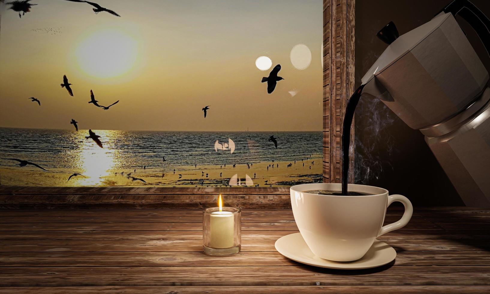 Black coffee in a white mug on a saucer. Coffee mug on a wooden table by the window with sea view. Sunset at sea. Table by the window at the beach house. Light a candle in a clear glass. 3D rendering photo