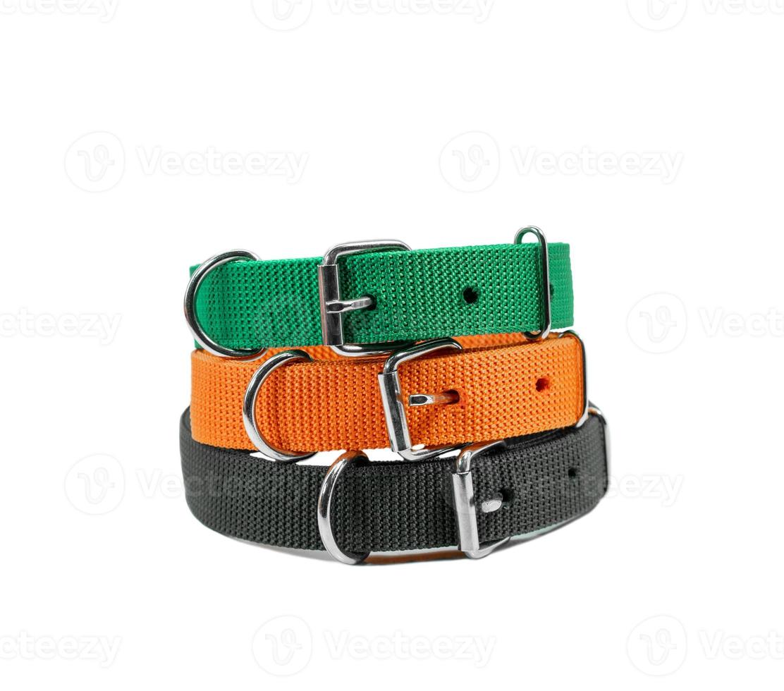 Stack pet collars on isolated white background photo