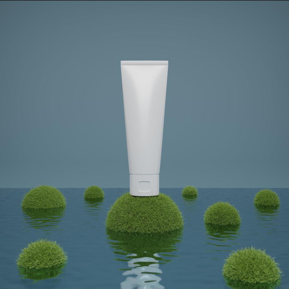 tubo de producto cosmético en bola de hierba y agua 3d renderizar ilustración foto