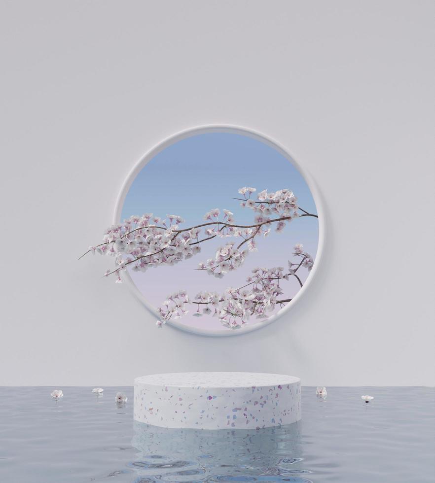 podio cilíndrico de terrazo con rama de flor de cerezo 3d renderizar ilustración foto