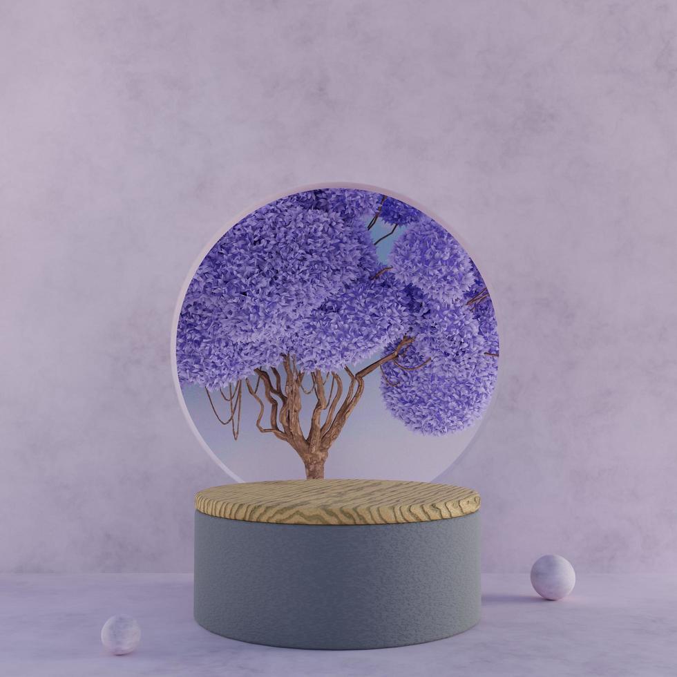 Minimal wood stage with circular window and tree 3D render illustration photo