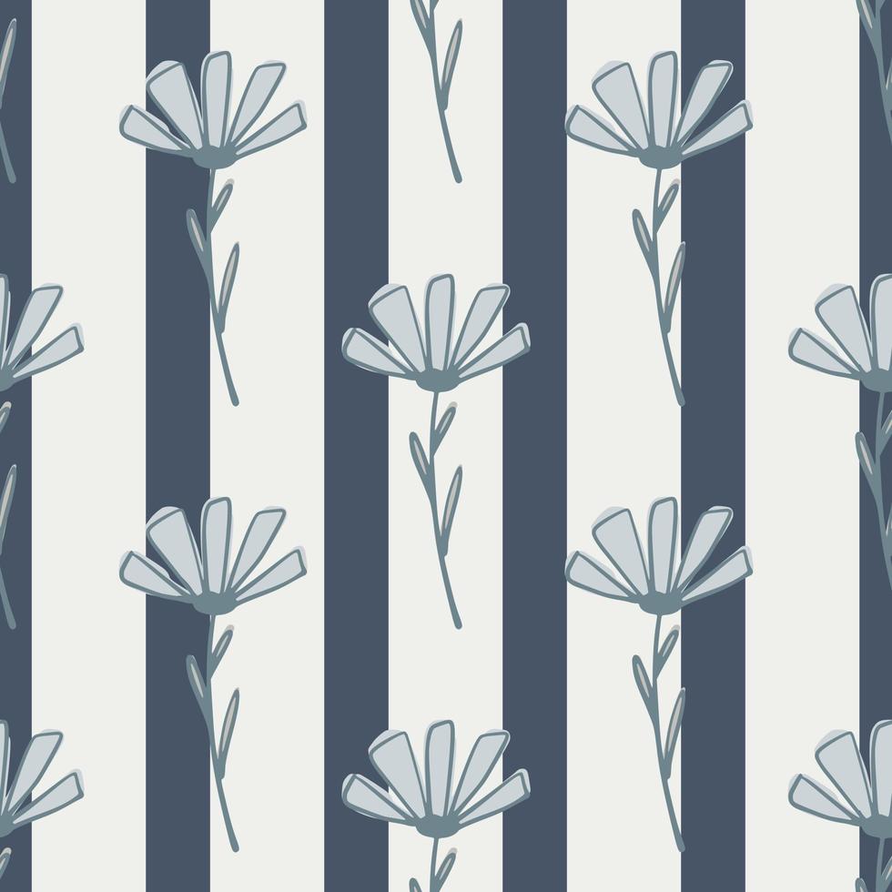 Seamless pattern with cute outline nature flowers shapes. Blue tones plants on striped background. vector