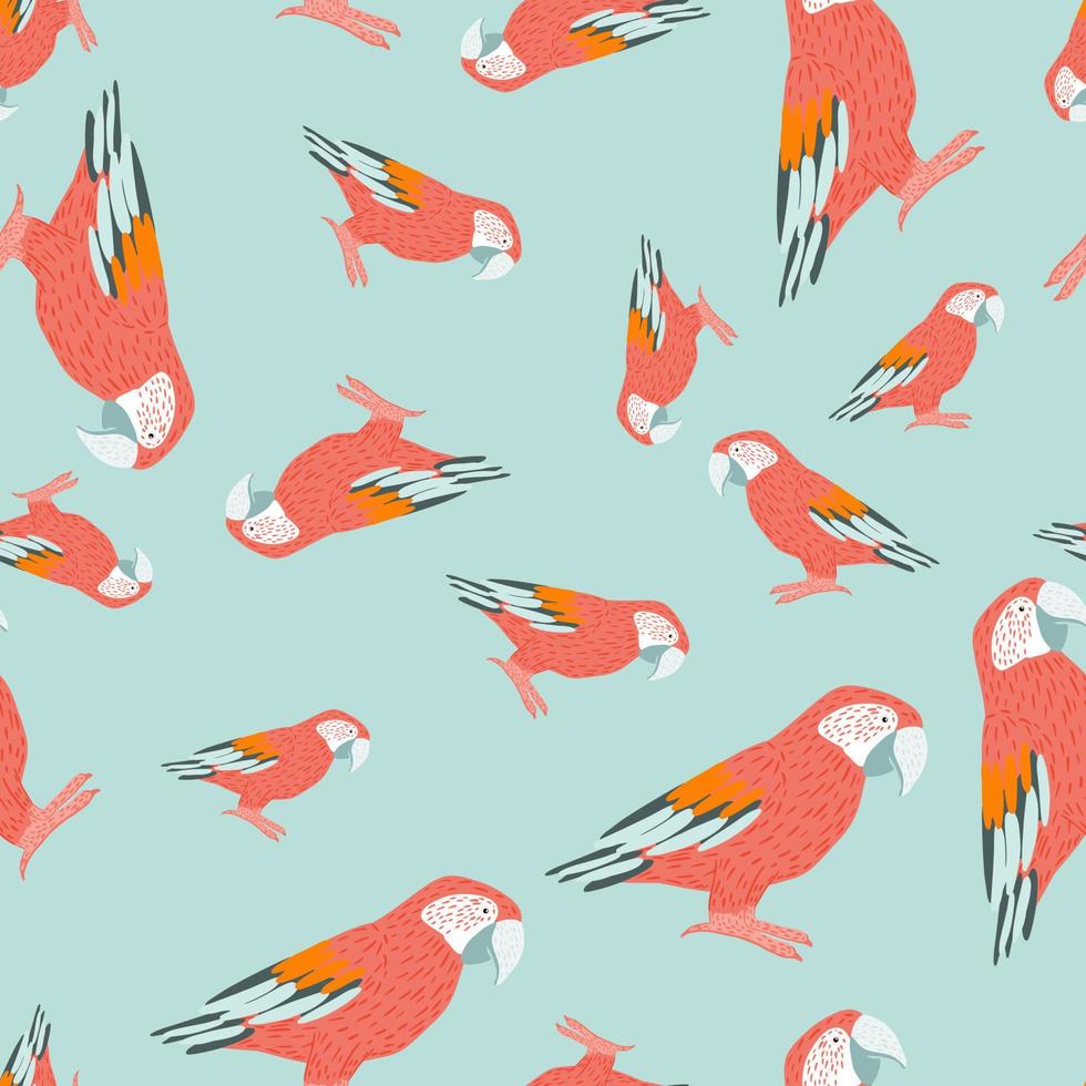 Pink pastel ara parrot doodle animal seamless pattern. Blue background. Random zoo tropical backdrop. vector