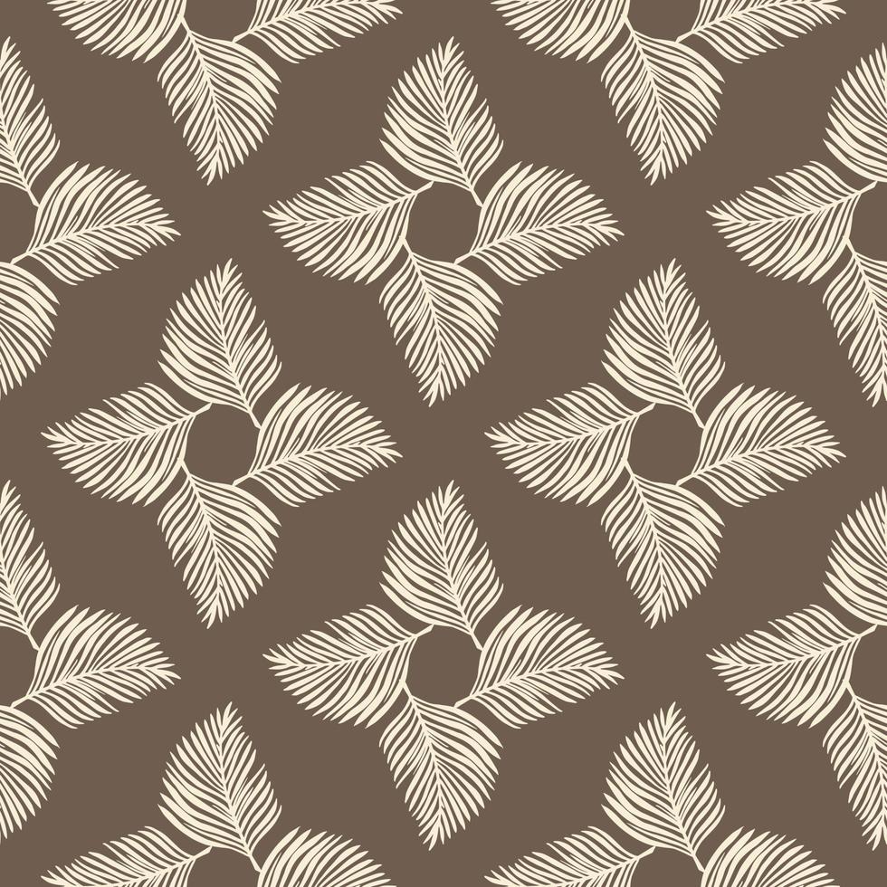Geometric abstract seamless pattern with light grey fern leaf ornament. Pastel brown background. vector