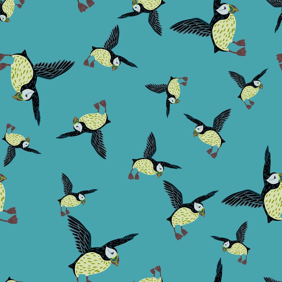 Seamless random pattern with cartoon kids style puffin bird shapes. Blue background. Arctic animal print. vector