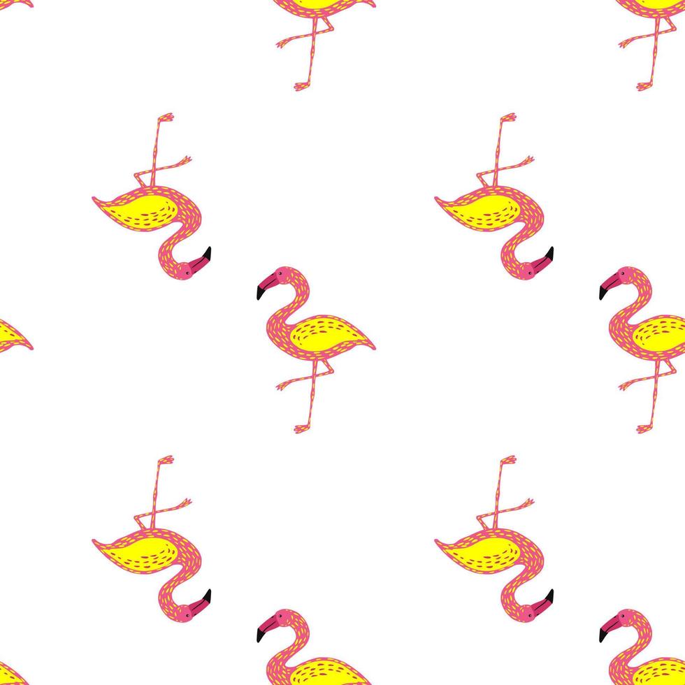 patrón inconsútil aislado con adorno de flamenco de color rosa y amarillo. Fondo blanco. ilustraciones de garabatos. vector