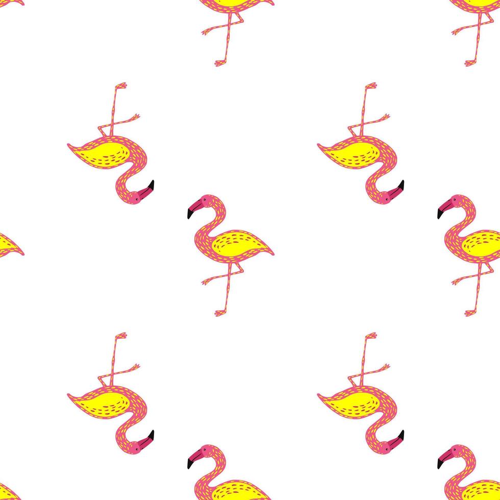 Isolated seamless pattern with pink and yellow colored flamingo ornament. White background. Doodle artwork. vector