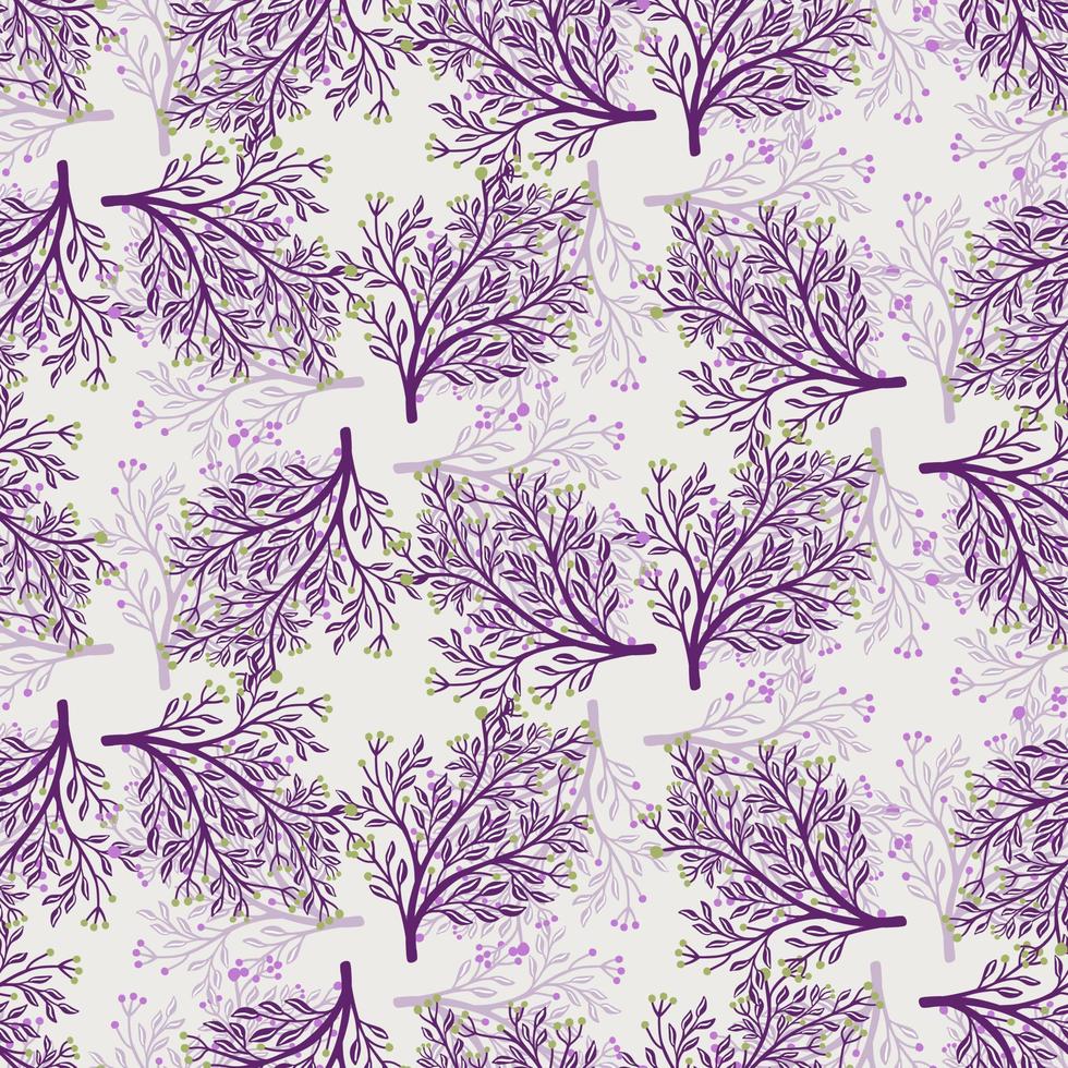 Purple random forest tree elements seamless pattern with shadows. Light blue background. Floral elements. vector