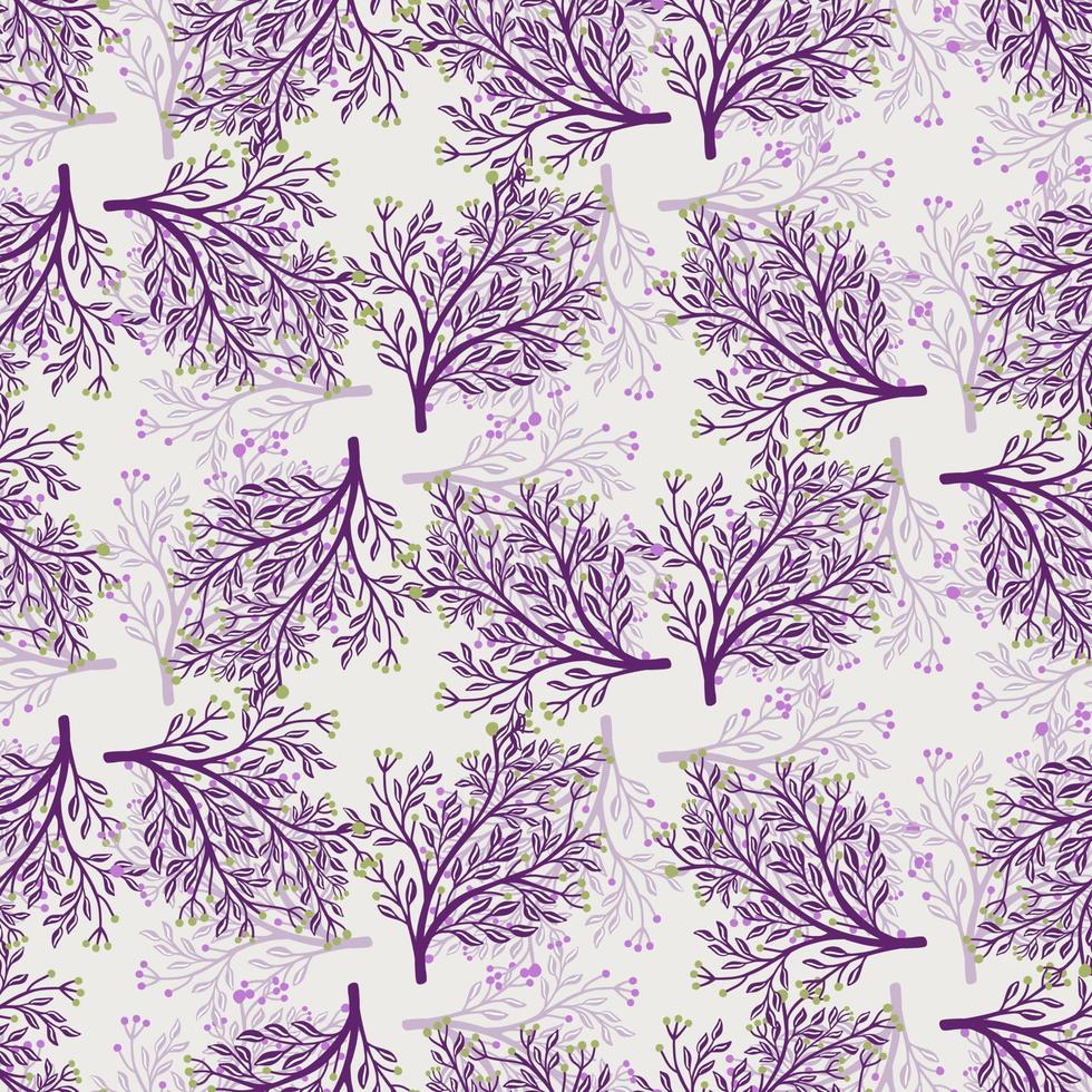 Purple random forest tree elements seamless pattern with shadows. Light blue background. Floral elements. vector