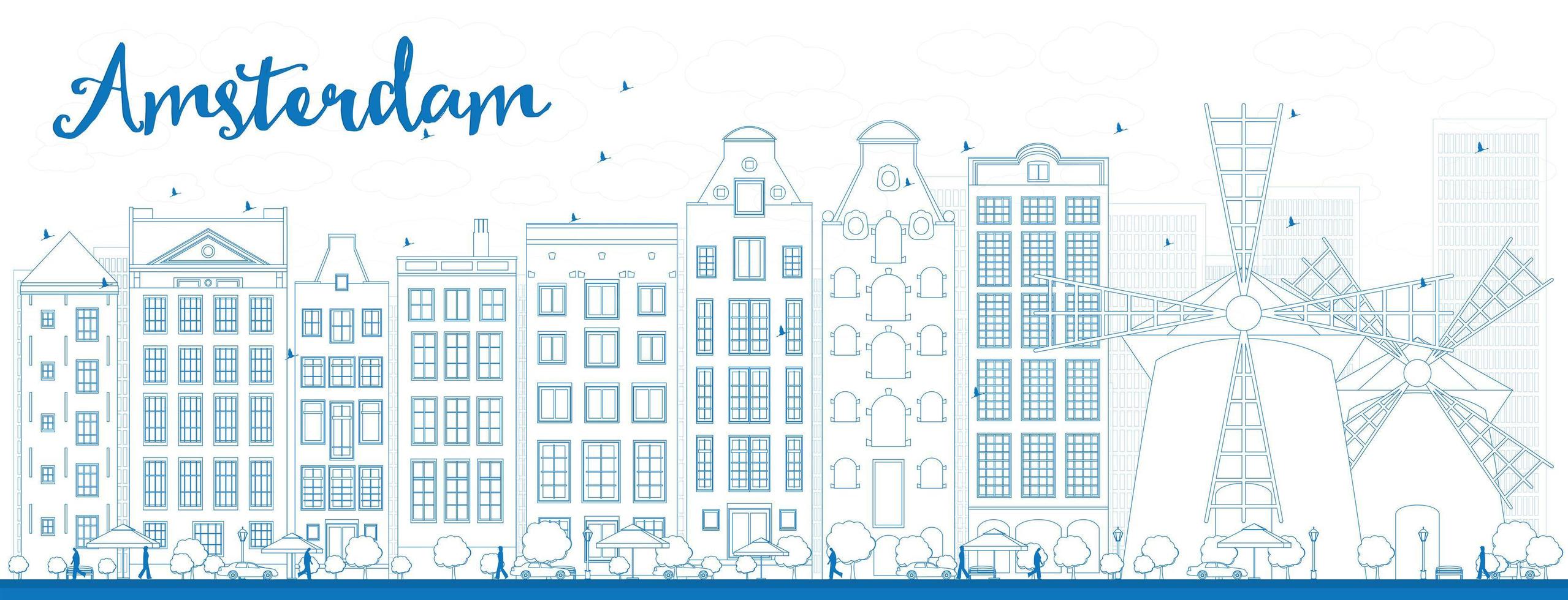 Outline Amsterdam city skyline with blue buildings. vector