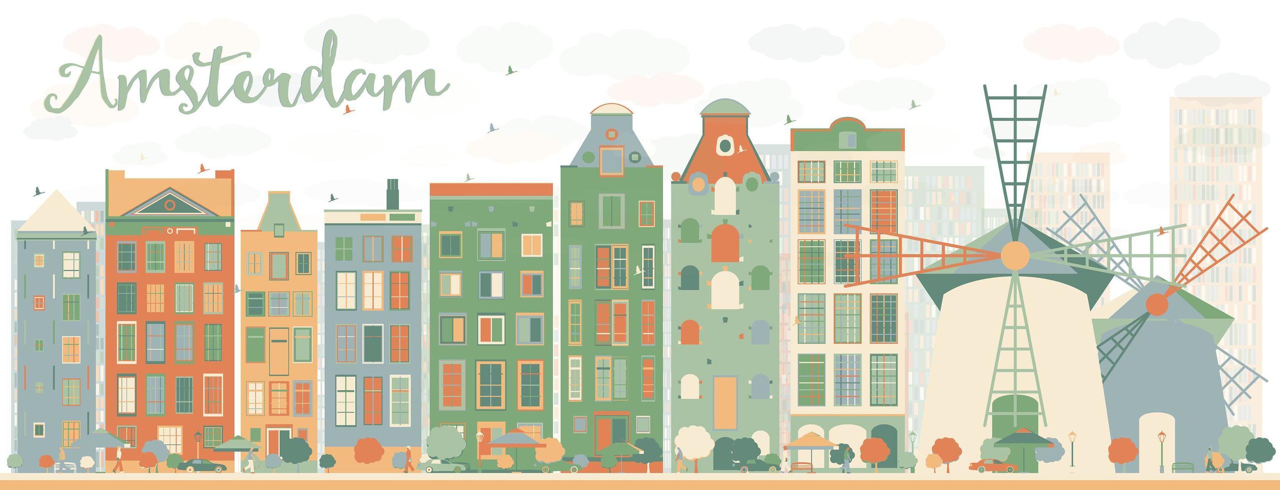 Abstract Amsterdam city skyline with color buildings. vector