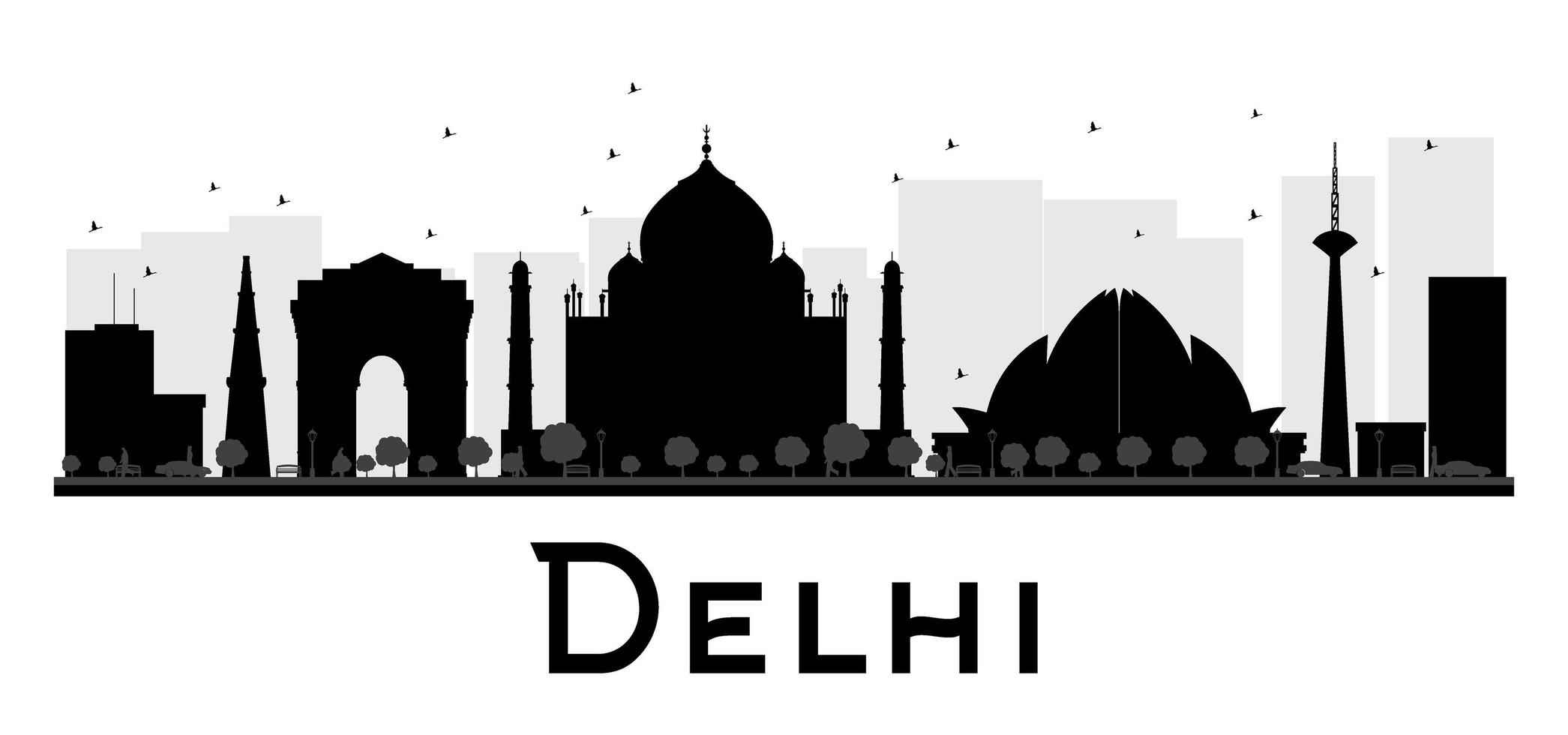 silueta en blanco y negro del horizonte de la ciudad de delhi. vector