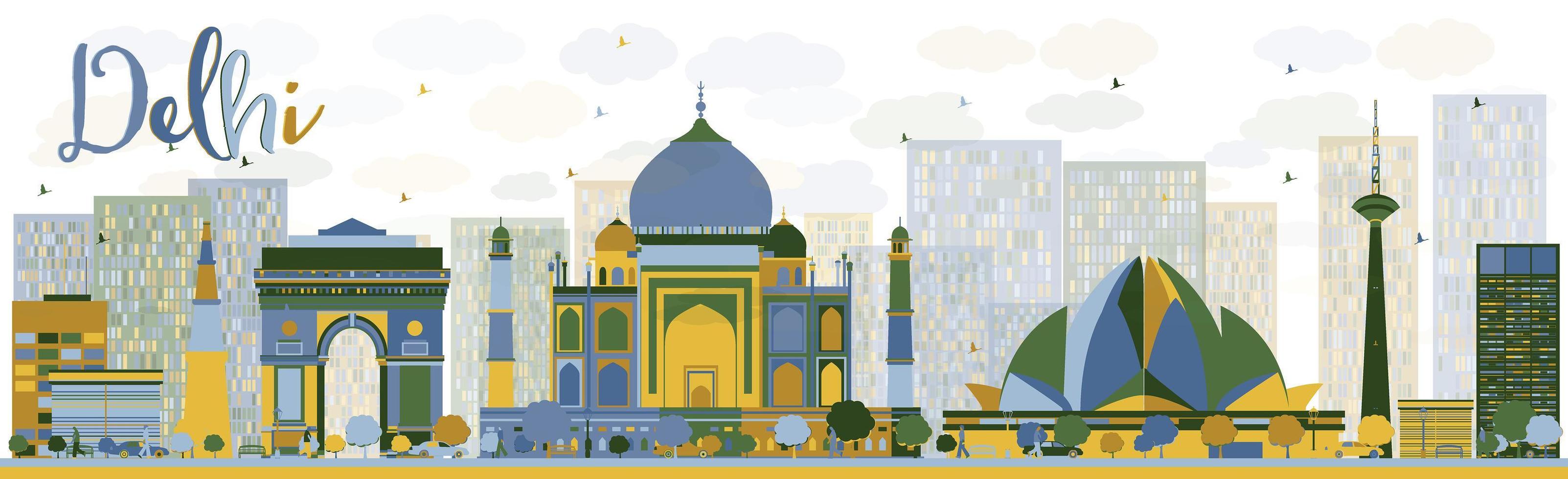 Abstract Delhi skyline with color landmarks. vector