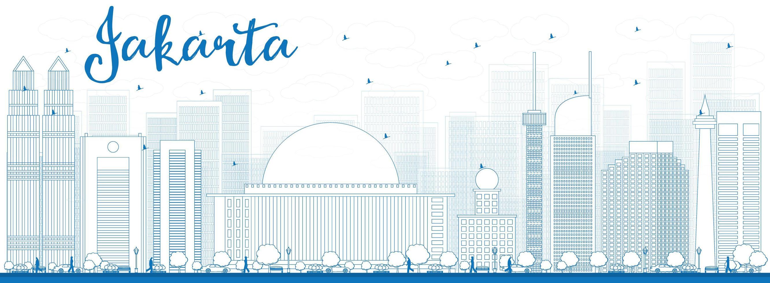 Outline Jakarta skyline with blue landmarks. vector