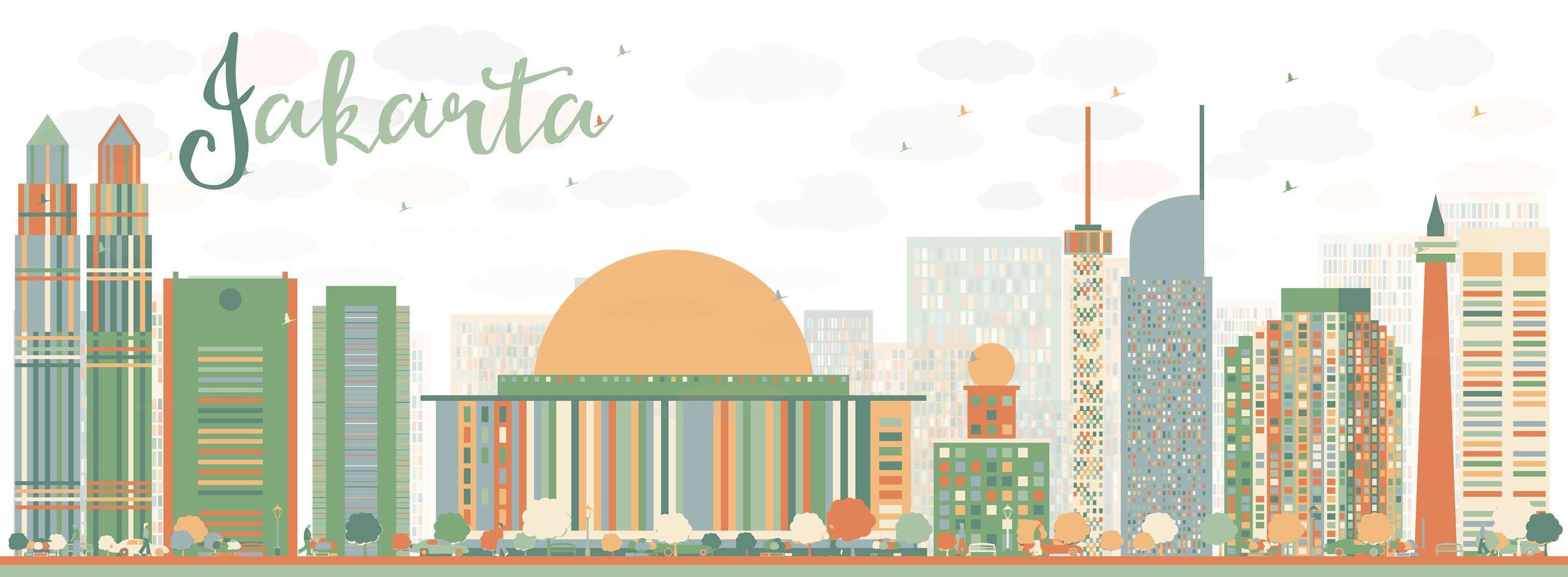 Abstract Jakarta skyline with color landmarks. vector