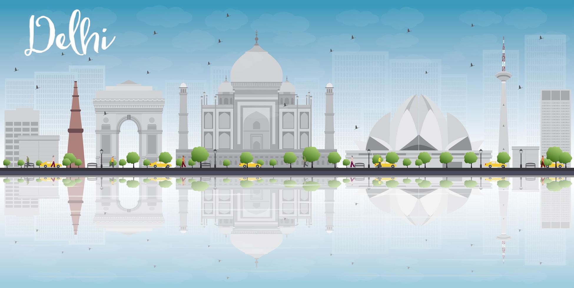 Delhi skyline with grey landmarks, blue sky and reflections. vector