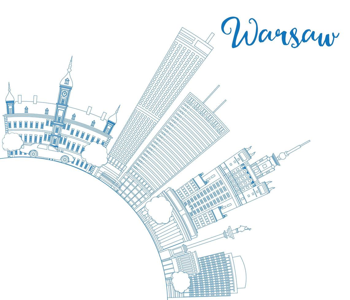 Outline Warsaw skyline with blue buildings and copy space. vector