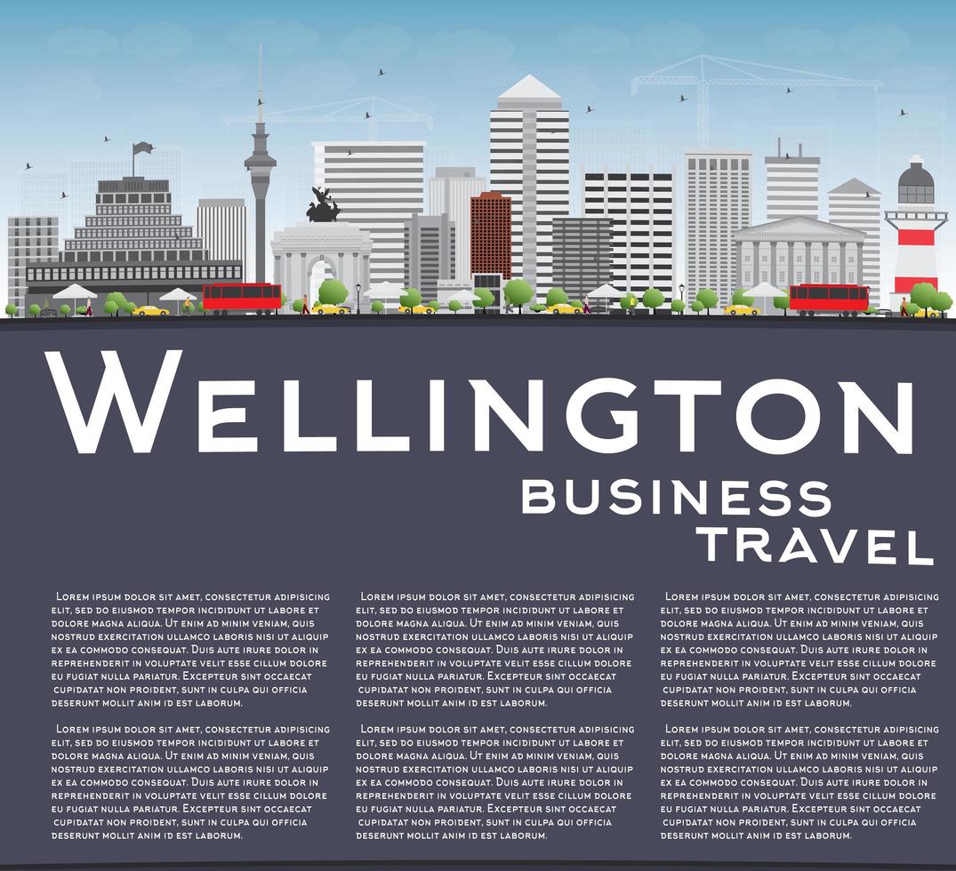 Wellington skyline with grey buildings, blue sky and copy space. vector