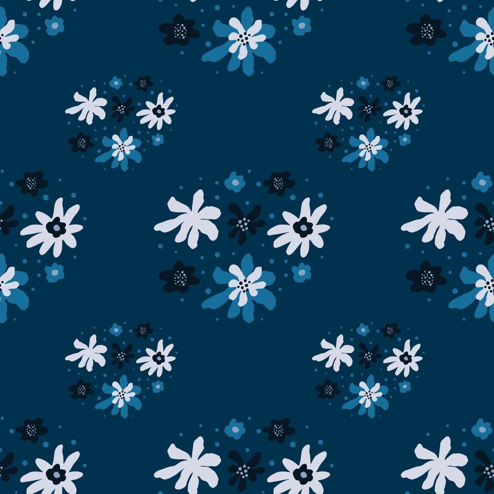 flores de fideos vintage blancas y azules patrón sin costuras en estilo dibujado a mano. fondo azul marino. vector