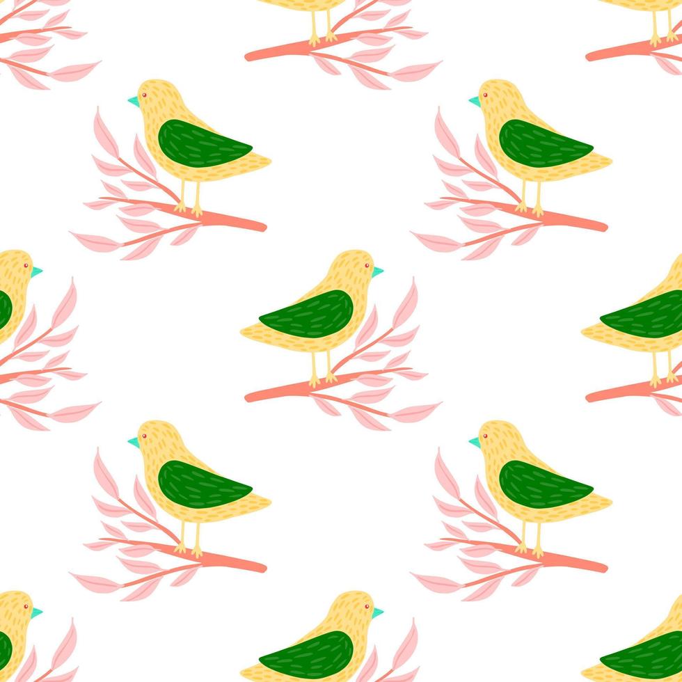 Isolated seamless kids style pattern with bright yellow and green colored birds on pink branches. vector