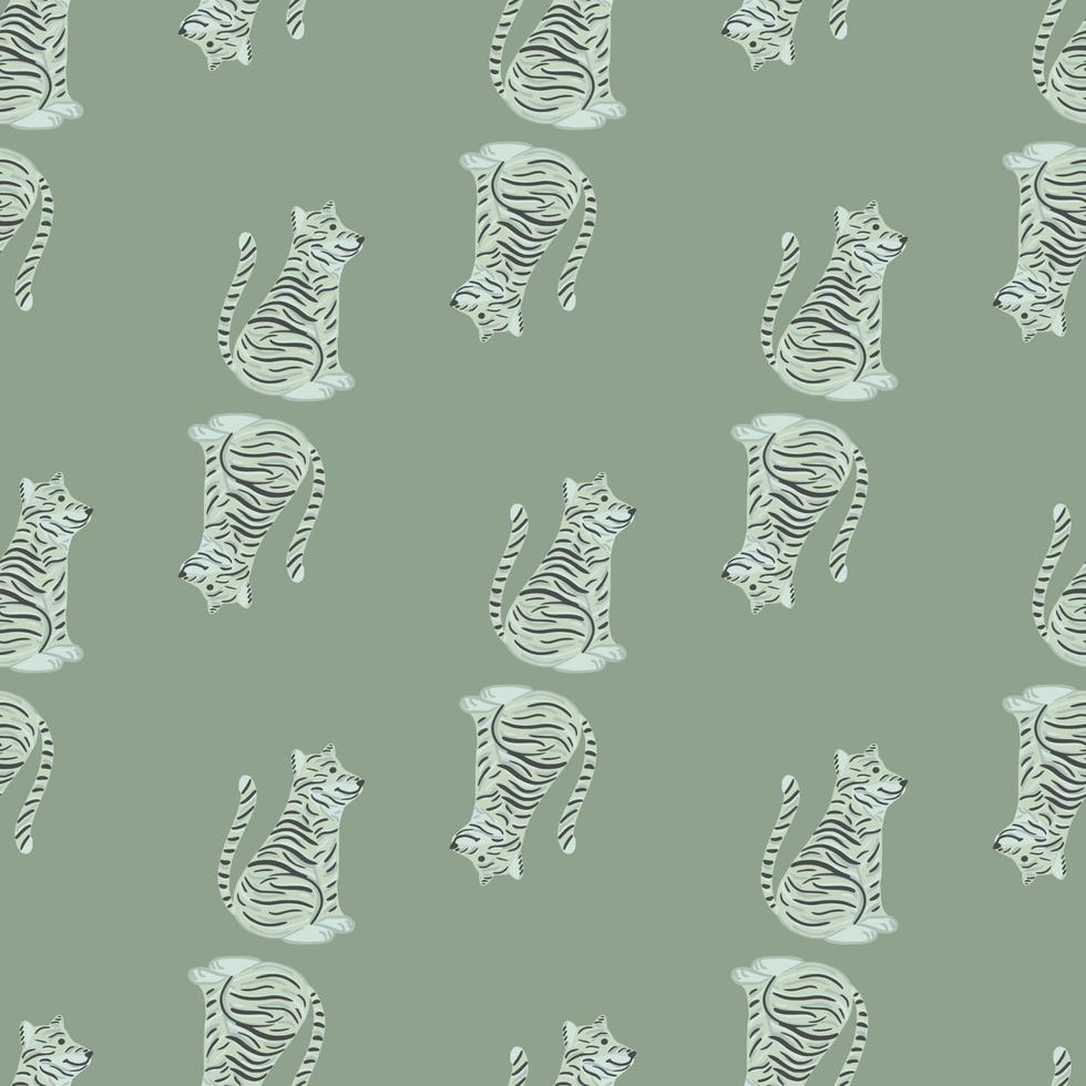 Pastel palette seamless animal pattern with white tiger silhouettes. Light green pale background. vector