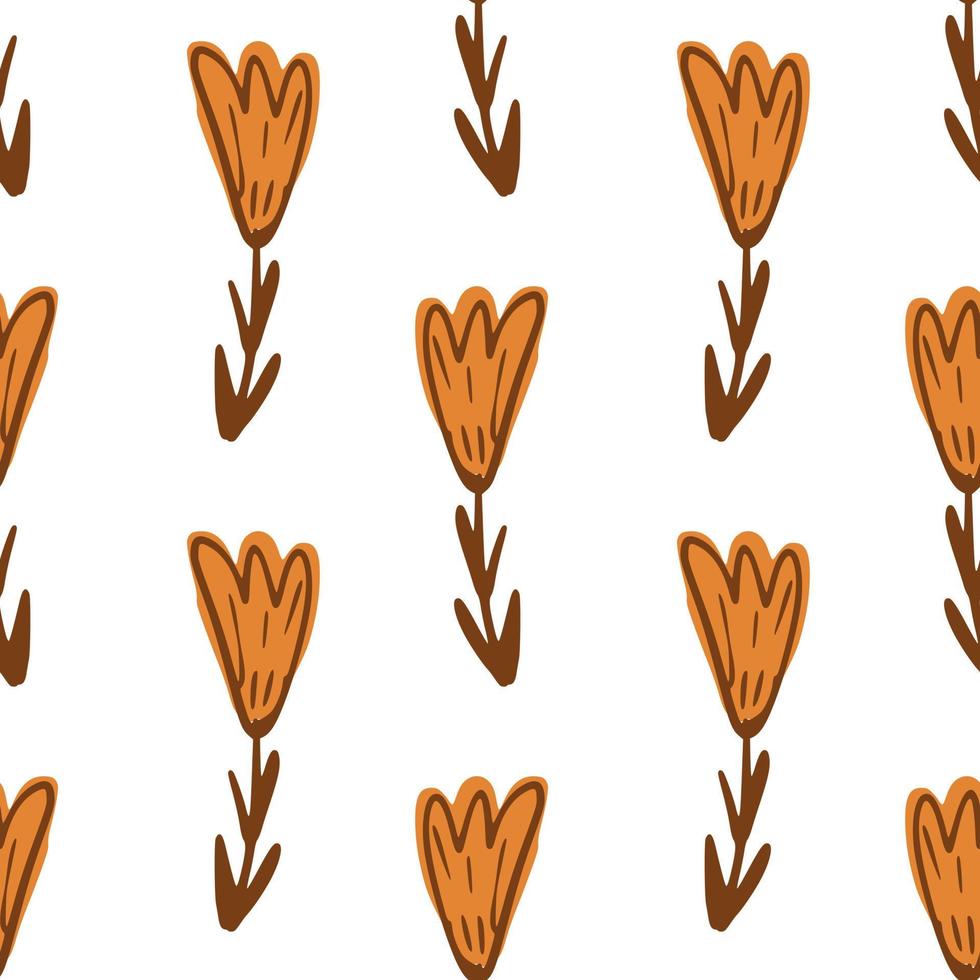 Isolated seamless doodle pattern with botanic orange flower elements. White background. vector