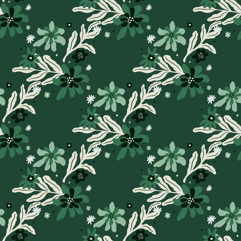Nature decorative seamless pattern with abstract creative branches and flowers silhouettes. Green background. vector