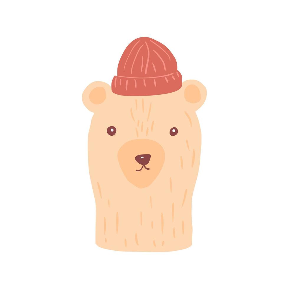 Head brown bear on white background. Cute character man in red beanie. vector