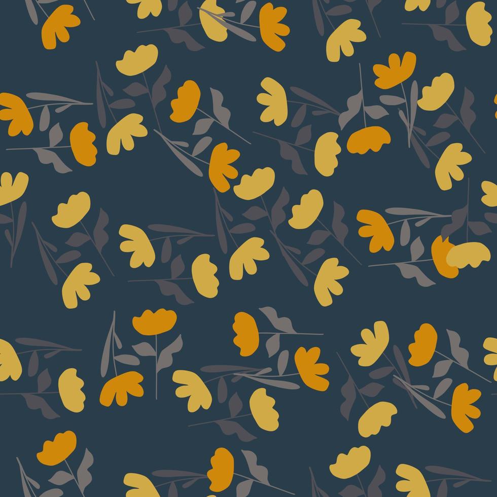 Random little orange vintage flowers silhouettes seamless abstract pattern. Dark navy blue background. vector