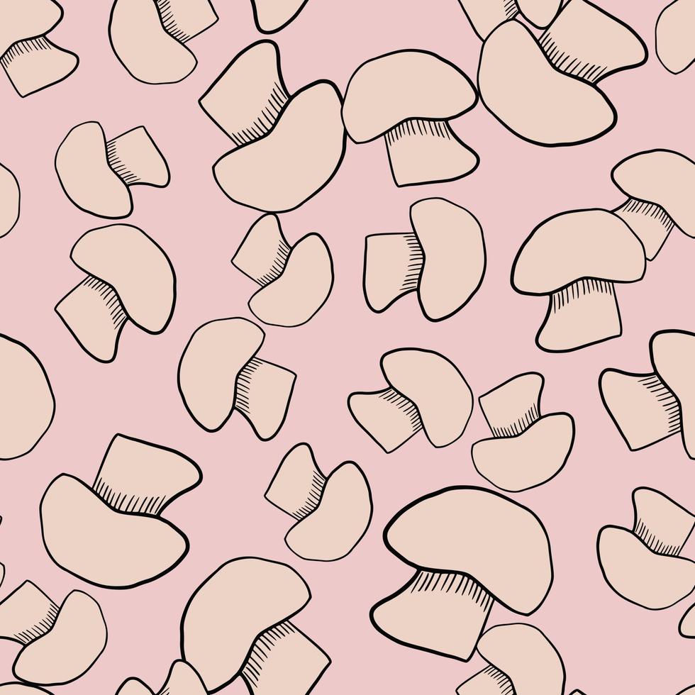 Hand drawn seamless pattern with outline champignon print. Pink colored autumn harvest print. vector