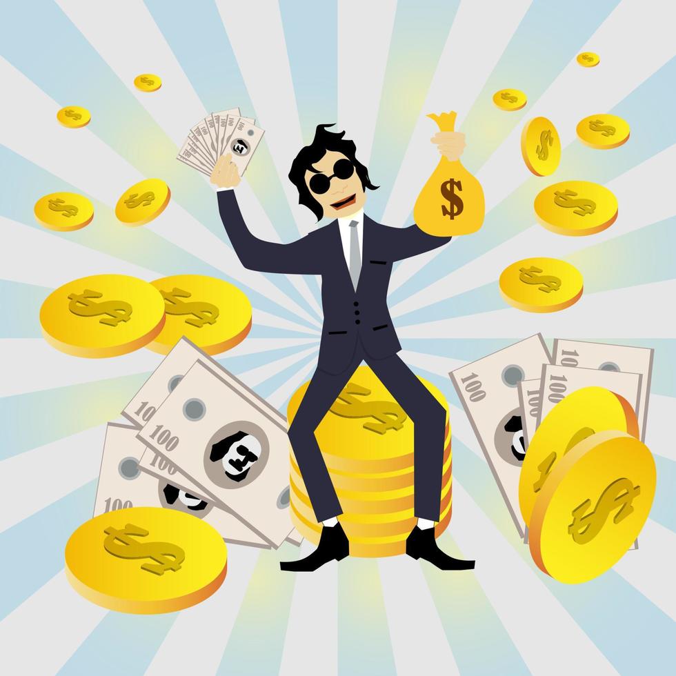 Vector graphic illustration of businessman cartoon character holding money bag and surrounded by gold and money. Suitable for making money content.